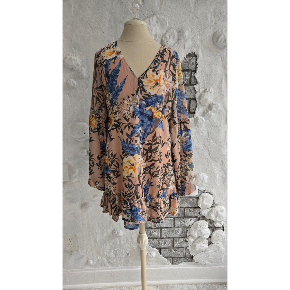 NWT Entro Women Pink Floral V-Neck Ruffle Hem Bell Sleeve Mini Dress Size L Fall